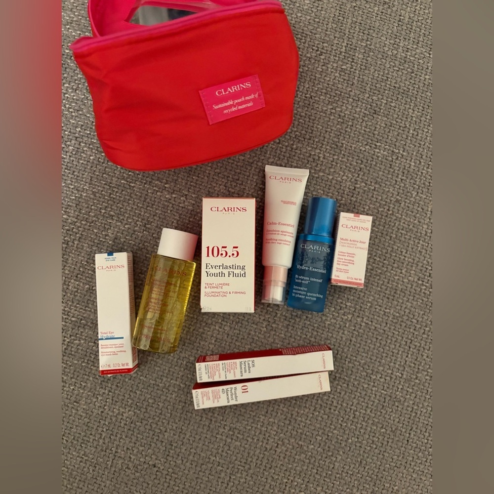 Clarins Full-Size Beauty Set + Red Travel Pouch – Brand New